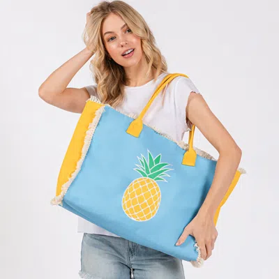 Fashnzfab Pineapple Patch Embroidered Fringe Tote Bag / Beach Bag In Multi