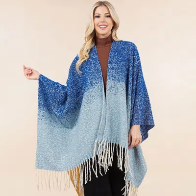 Truedames Open Front Fringe Trim Ombre Ruana Poncho In Blue