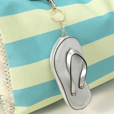 Fashnzfab Faux Leather Flip-flop Mini Wristlet Keychain / Bag Charm / Coin Purse In Silver