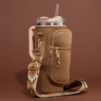 Fashnzfab Solid Tumbler Carrier Holder Aztec Pattern Strap Crossbody Bag In Brown