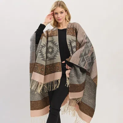 Truedames Aztec Leopard Pattern Fringe Ruana Poncho In Gray
