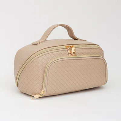 Fashnzfab Woven Detailed Solid Tote Bag / Travel Cosmetic Bag In Sand