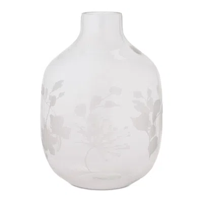 Hivvago White Frosted Glass Vase With Floral Etching In White