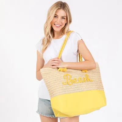Fashnzfab Beach Message Embroidered Rope Handle Crochet Fabric Tote Bag / Beach Bag In Yellow