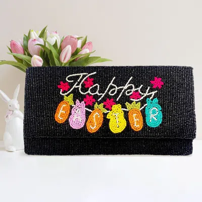 Fashnzfab Happy Easter Message Carrot Bunny Pointed Seed Beaded Clutch / Crossbody Bag In Black