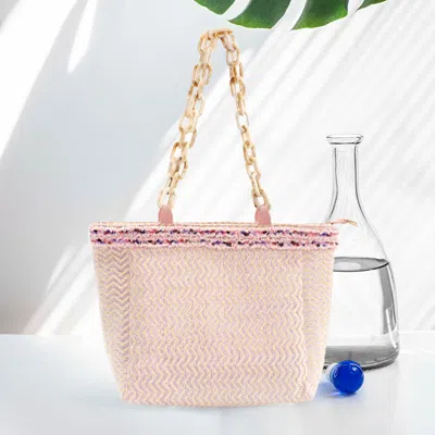 Fashnzfab Zigzag Chevron Patterned Celluloid Acetate Handle Straw Tote Bag In Pink
