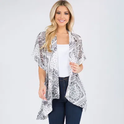 Truedames Lightweight Boho Pattern Open Front Kimono Poncho In White