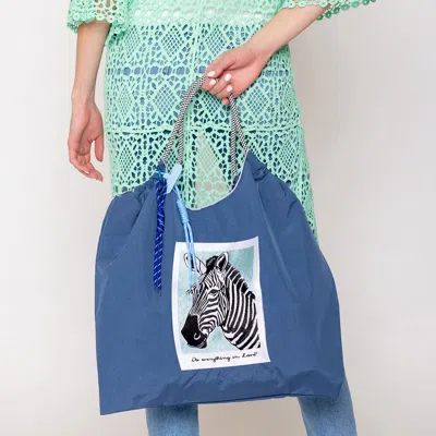 Fashnzfab Embroidered Zebra Rope Nylon Tote Bag In Blue