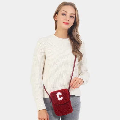 Fashnzfab C Initial Monogram Sherpa Crossbody Cellphone Bag In Red