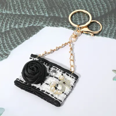 Fashnzfab Fabric Flower Pearl Paved Number Five Embellished Handbag Keychain / Bag Charm In Black