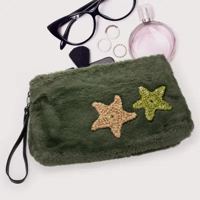 Fashnzfab Star Patches Fuzzy Faux Fur Wristlet Clutch Bag In Green