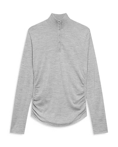 Theory Shirred Mock Neck Merino Wool Top In Gray