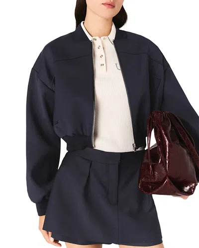 Maje Zipped Mixed Wool Bomber Jacket In Blue