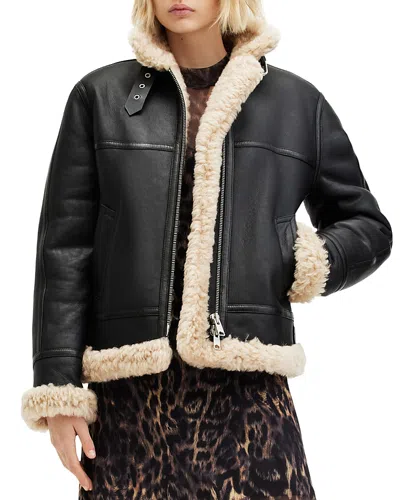 Allsaints Lorel Genuine Shearling Flight Jacket In Black