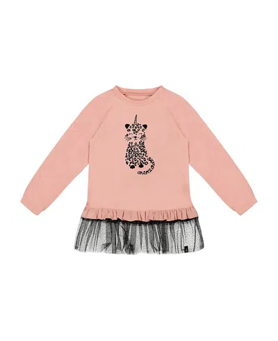 Deux Par Deux Long Bi-material Top With Mesh Ruffle Hem And Leopard In Pink