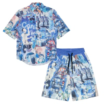 Mysimplicated Men's Blue Short Sleeve Shirt And Bermuda Set In Graffiti Design - Recycled Fabric In Blue