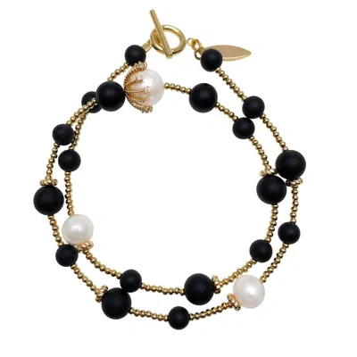 Farra Women's Black Matte Agate & Freshwater Pearls Double Wrapped Bracelet In Black
