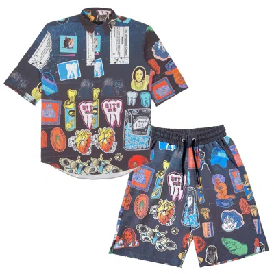 Mysimplicated Women's Black Short Sleeve Shirt And Bermuda Set With Stickers Design - Recycled Fabric W In Multi