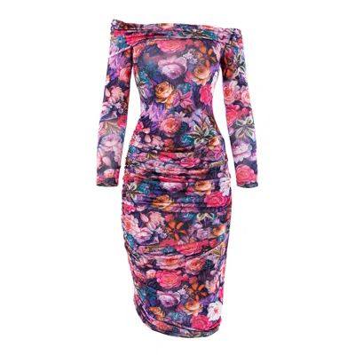 Concept A Trois Women's Midi  Floral Print Bodycon Elastic Dress With Bare Shoulders In Multi