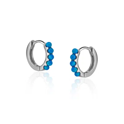 Spero London Beaded Blue Opal Huggie Hoop Earrings In Silver