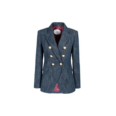 The Extreme Collection Women's Blue Double-breasted Navy Denim Blazer With Gold-tone Buttons Tailored Jacket Pietro In Blue