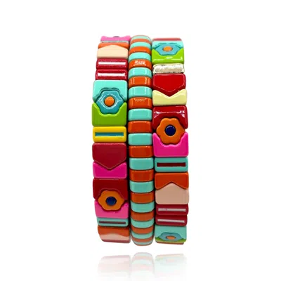 Michael Nash Jewelry Women's Multi-color Floral And Stripe Enamel Three-strand One-size Elasticized Bracelets
