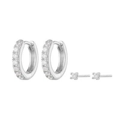 Scream Pretty Women's Silver Sparkle Huggie And Tiny Stud Set Of Earrings In Metallic