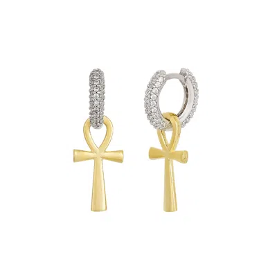 Spero London Sterling Silver Egyptian Ankh Zirconia Hoop Earring In Multi