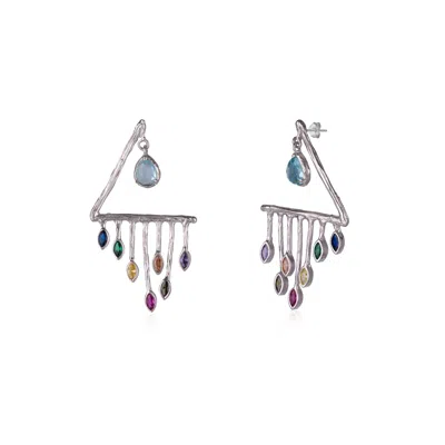 Spero London Colourful Rainbow Rain Drop Earrings In Silver