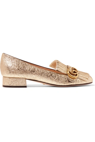 Shop Gucci Marmont Fringed Logo-embellished Metallic Cracked-leather Loafers In Gold