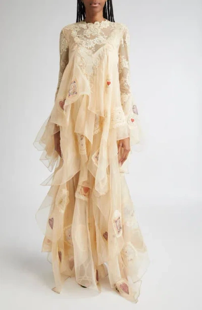 Zimmermann Hypnotic Cascading Semisheer Long Sleeve Lace Silk Gown In Neutral