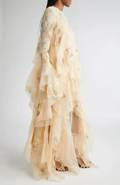 Zimmermann Hypnotic Cascading Semisheer Long Sleeve Lace Silk Gown In Neutral
