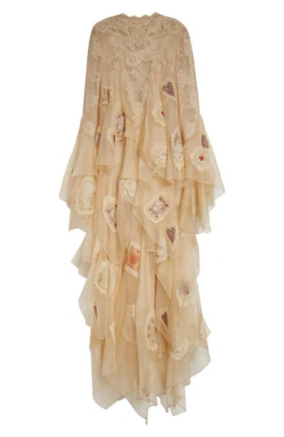 Zimmermann Hypnotic Cascading Semisheer Long Sleeve Lace Silk Gown In Neutral