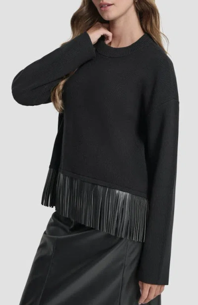 Dkny Women's Long Sleeve Fringe Hem Sweater In Black