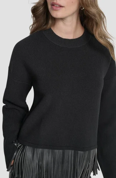 Dkny Women's Long Sleeve Fringe Hem Sweater In Black