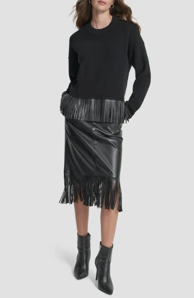 Dkny Women's Long Sleeve Fringe Hem Sweater In Black
