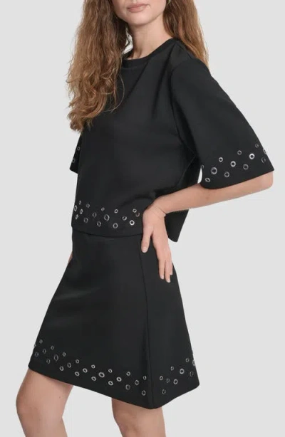 Dkny Women's Grommet Short Sleeve Ponte Knit Top In Black