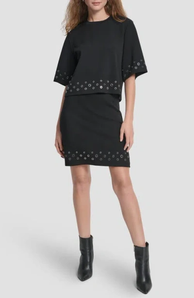 Dkny Women's Grommet Short Sleeve Ponte Knit Top In Black