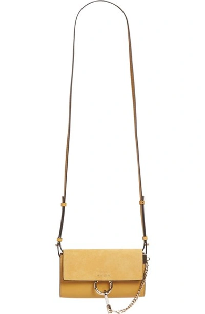 Shop Chloé Mini Faye Suede & Leather Wallet On A Chain In Dusty Yellow