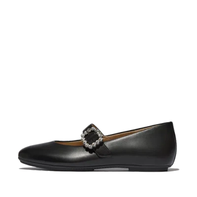 Fitflop Women's Delicato Crystal-buckle Metallic-leather Mary Jane Flats In Black