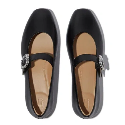 Fitflop Women's Delicato Crystal-buckle Metallic-leather Mary Jane Flats In Black