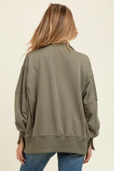 Pinkblush Snap Button Pullover Henley Sweatshirt In Green