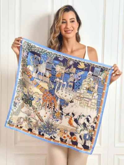 Silksilky Pure Silk Scenery Pattern Square Scarf In Blue