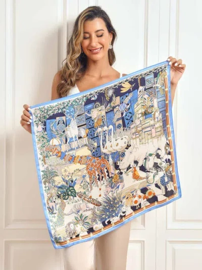 Silksilky Pure Silk Scenery Pattern Square Scarf In Blue