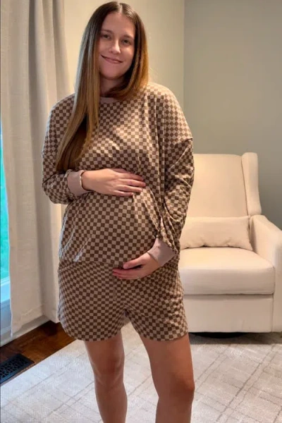 Pinkblush Checkered Plaid Pullover Shorts Set In Brown