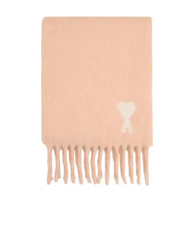 Ami Alexandre Mattiussi Fringed Rectangular Scarf In Soft Powder Pink With Jacquard Detail In Brown