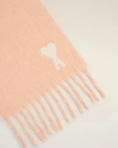 Ami Alexandre Mattiussi Fringed Rectangular Scarf In Soft Powder Pink With Jacquard Detail In Brown