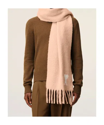 Ami Alexandre Mattiussi Fringed Rectangular Scarf In Soft Powder Pink With Jacquard Detail In Brown