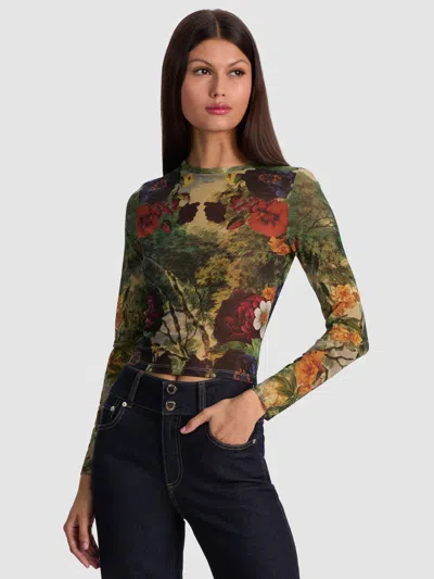 Alice And Olivia Delaina Printed Mesh Long Sleeve Crop Top In Animal Print