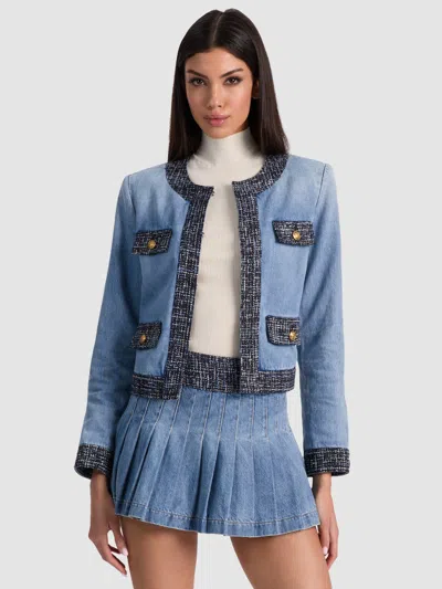 Alice And Olivia Landon Cropped Denim Jacket Celine Vintage In Blue